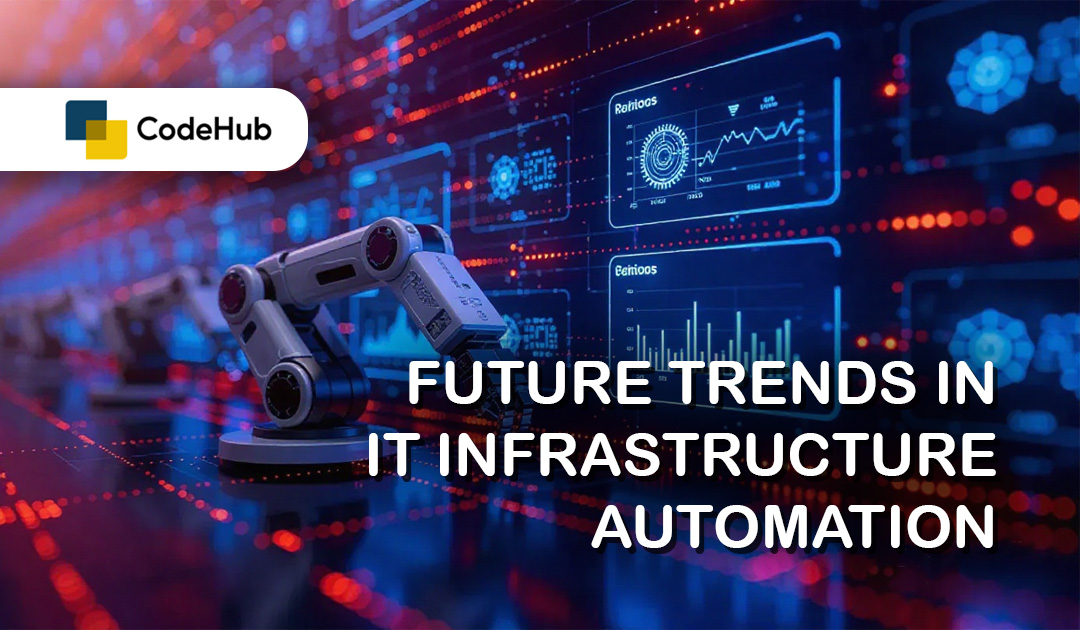The future of IT infrastructure automation includes AI, hyperautomation, self-service tools, cloud automation, and DevOps advancements for enhanced efficiency.